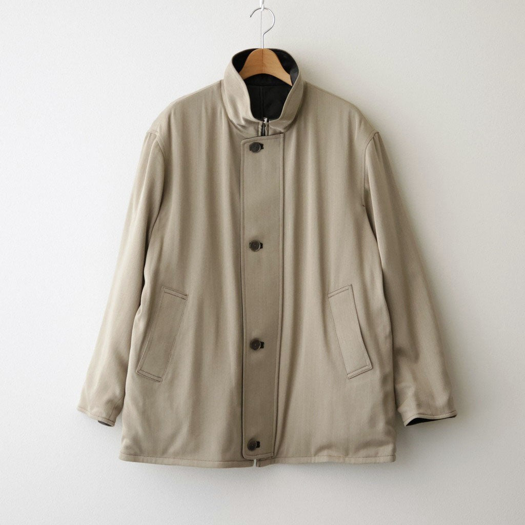 REVERSIBLE WOOL TWISTED TWILL / SHEEP LEATHER HALF COAT #KHAKI BEIGE CHAMBRAY × BLACK [A26AC01AN]