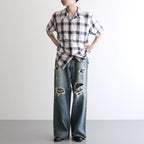 DAMAGED MODERN DENIM PANTS WIDE CUT #FADED INDIGO [25880409]