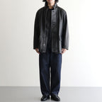 REVERSIBLE WOOL TWISTED TWILL / SHEEP LEATHER HALF COAT #KHAKI BEIGE CHAMBRAY × BLACK [A26AC01AN]
