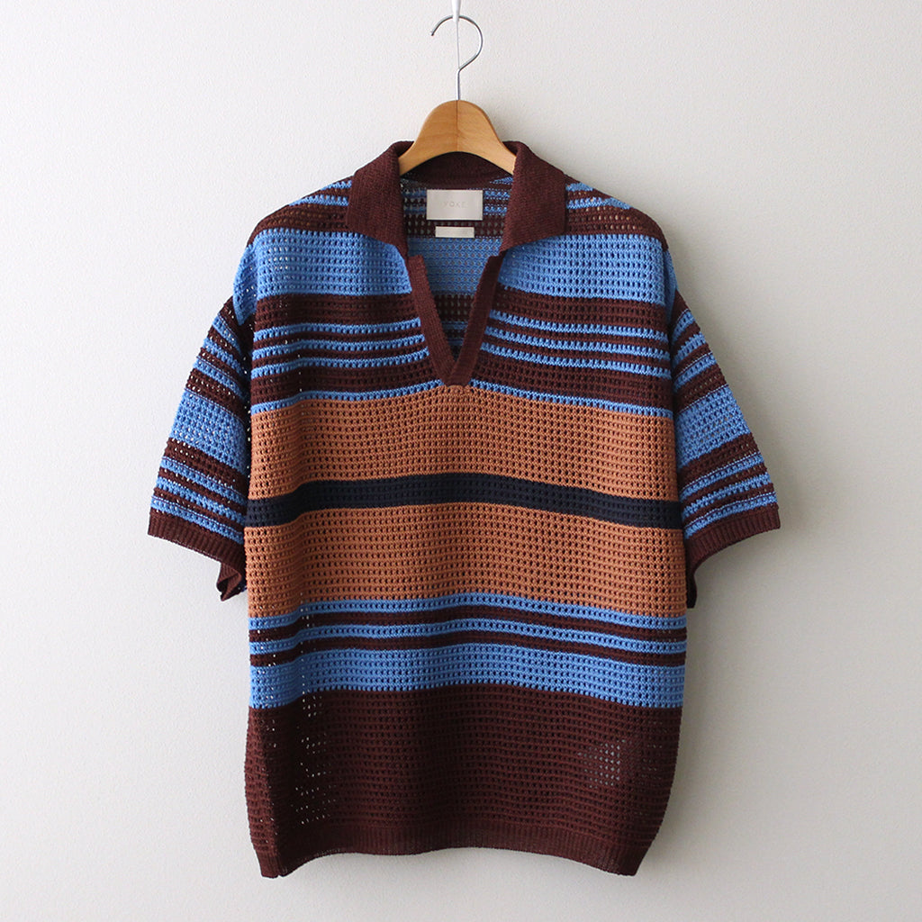 BORDER MESH KNIT SKIPPER POLO SHIRT #BROWN×BLUE [YK24SS0723S]