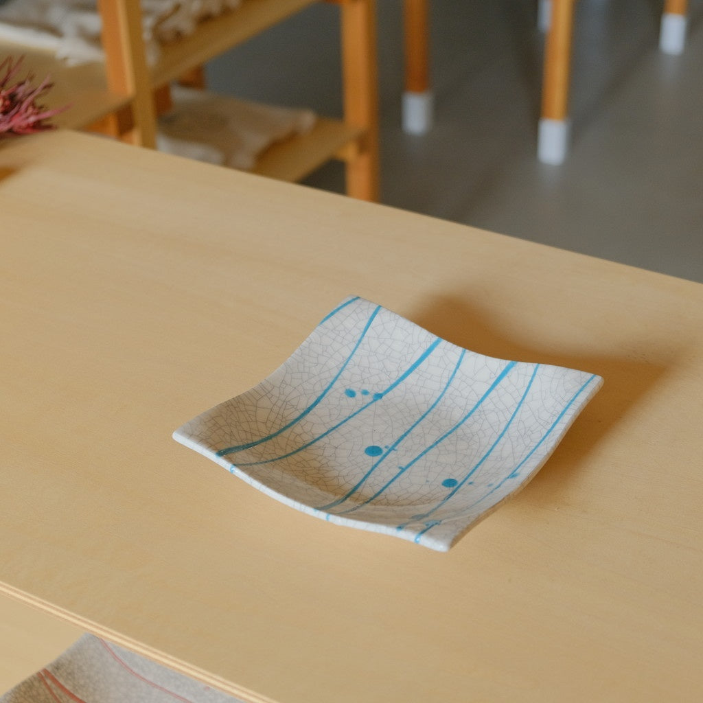 スクエア皿 小 貫入 #ターコイズ流し