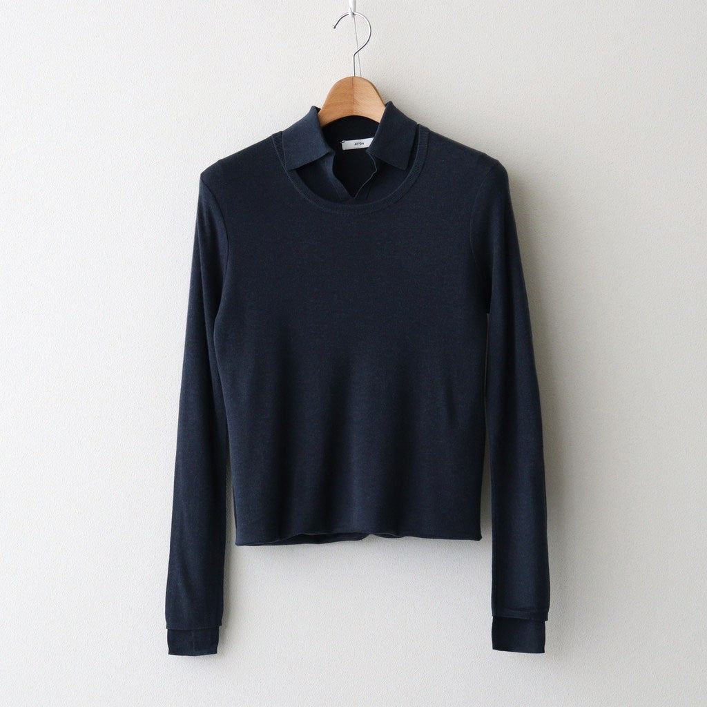 SILK BLENDED CIRCULAR RIB CREW&POLO LAYERED PULLOVER #NAVY [KRAGLA0105]