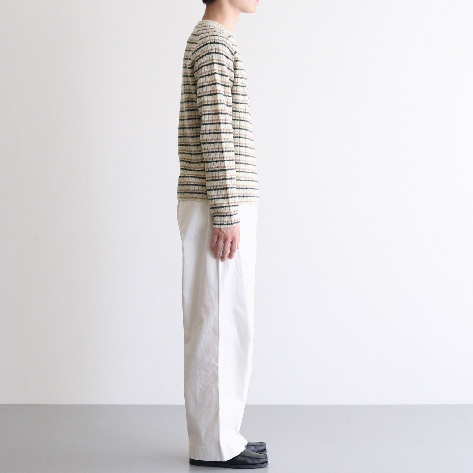 SHETLAND WOOL CASHMERE RIB KNIT P/O #IVORY STRIPE [A25AP01SB