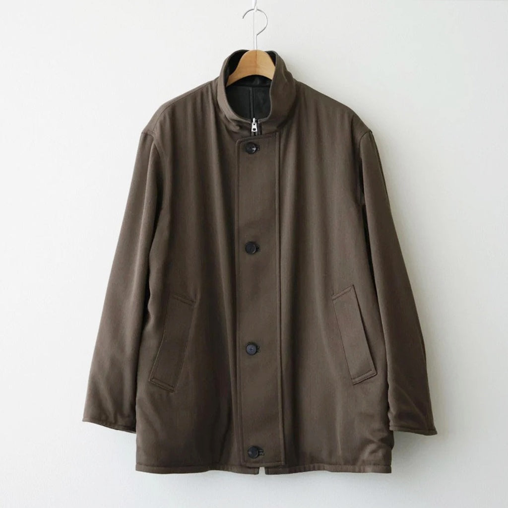 REVERSIBLE WOOL TWISTED TWILL / SHEEP LEATHER HALF COAT #BROWN CHAMBRAY × BLACK [A26AC01AN]