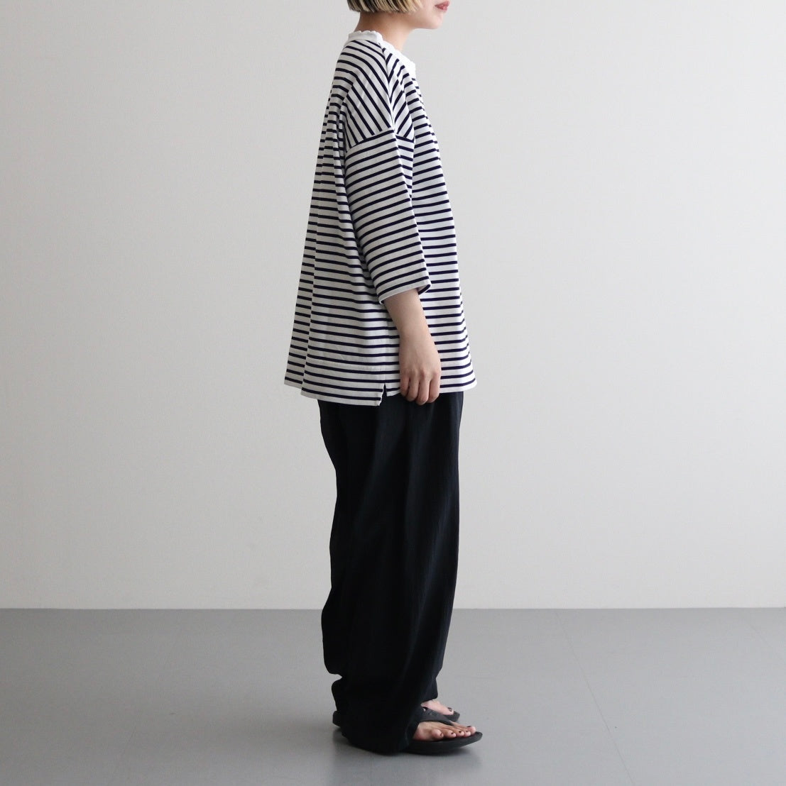 FOB6T - 微強撚綿天竺 6分袖カットソー #08 WH base×BK bd [SN_FR0902T6]