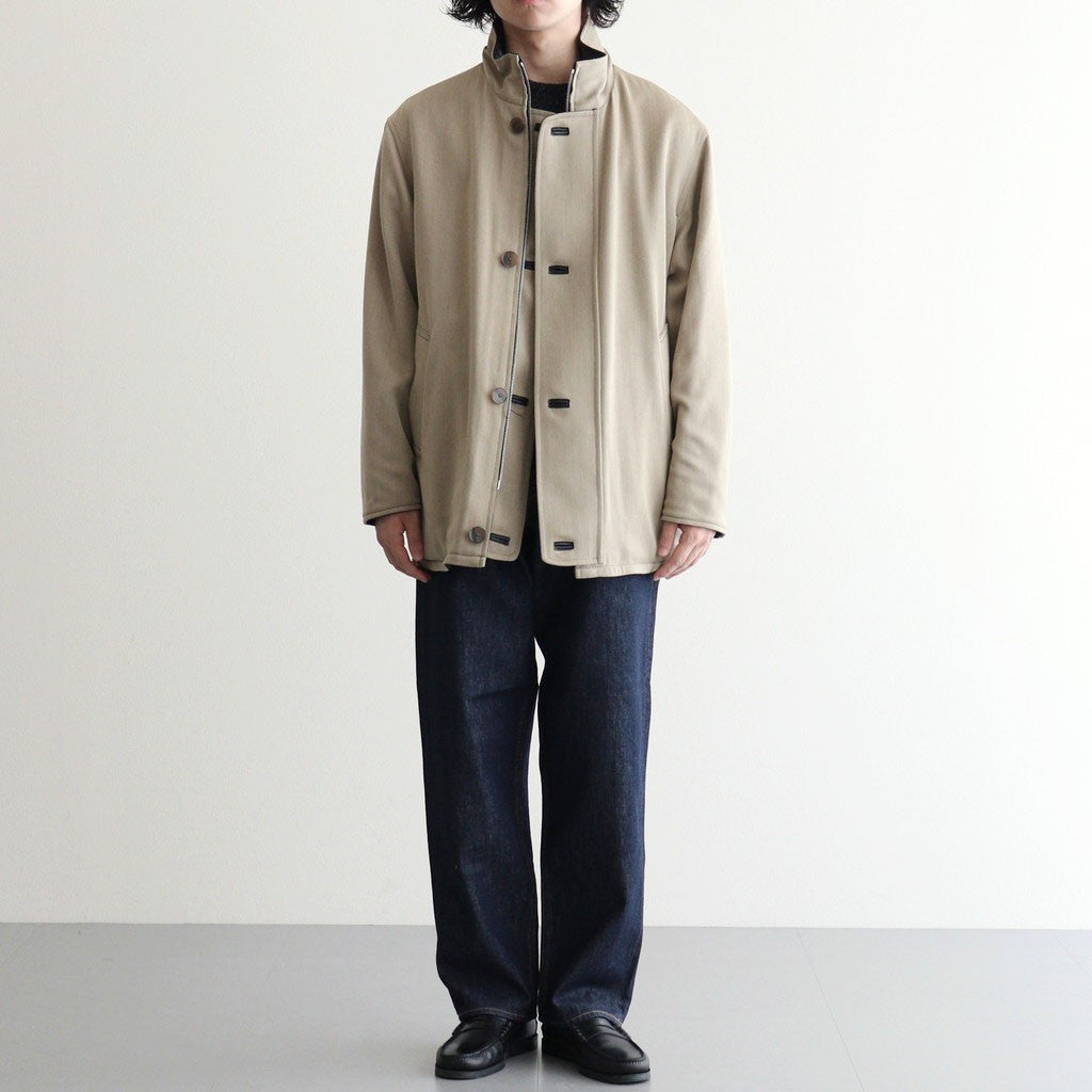 REVERSIBLE WOOL TWISTED TWILL / SHEEP LEATHER HALF COAT #KHAKI BEIGE CHAMBRAY × BLACK [A26AC01AN]