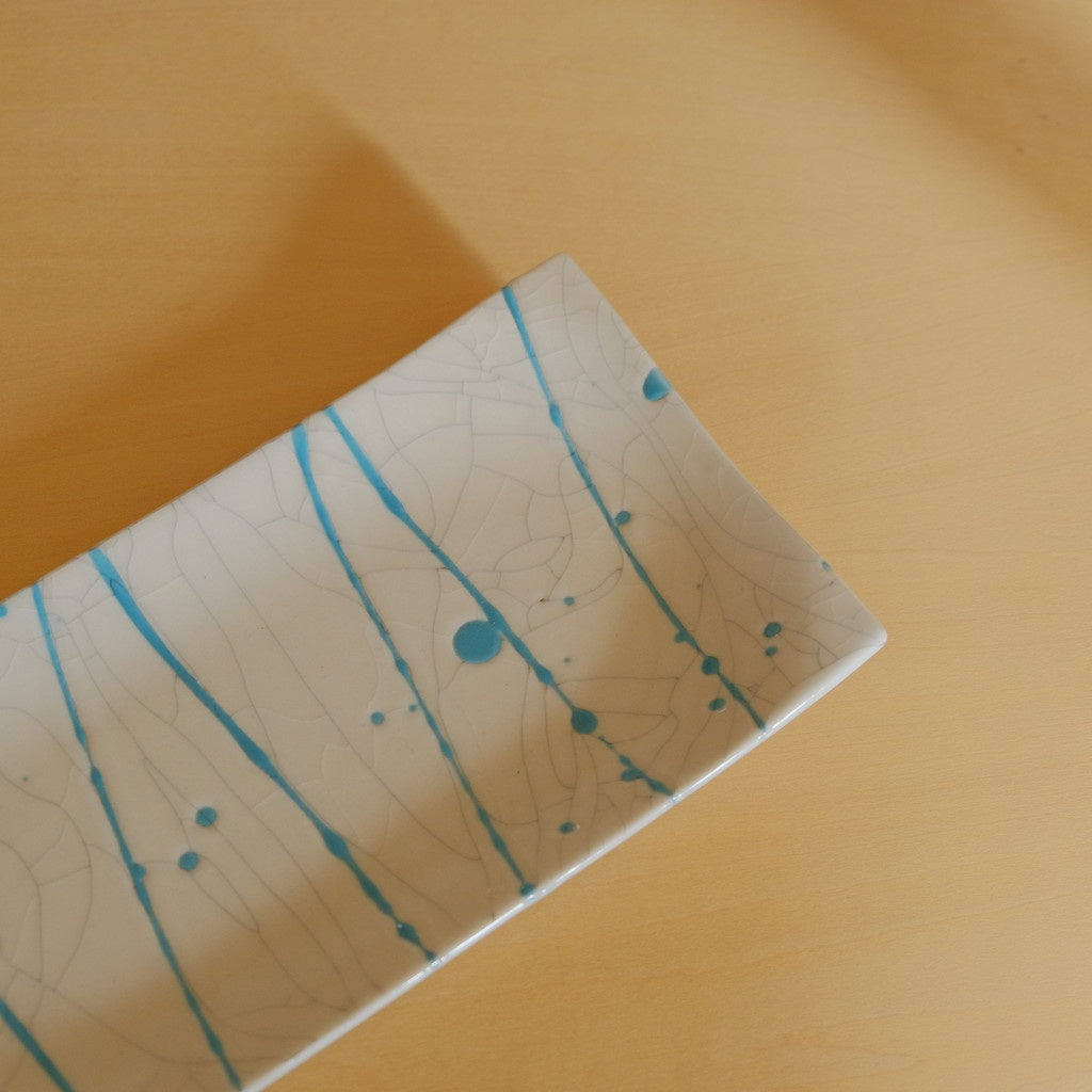 角皿 長 貫入 #ターコイズ流し