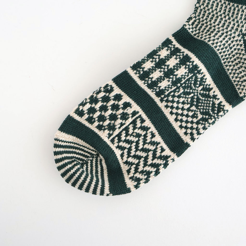 MULTI JACQUARD CREW SOCKS #IVORY/D.GREEN [R1337-AW25]