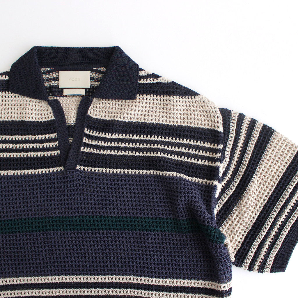 BORDER MESH KNIT SKIPPER POLO SHIRT #NAVY×BEIGE [YK24SS0723S] – ciacura