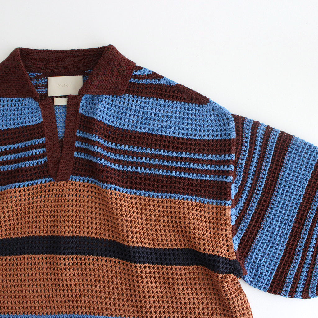 BORDER MESH KNIT SKIPPER POLO SHIRT #BROWN×BLUE [YK24SS0723S]