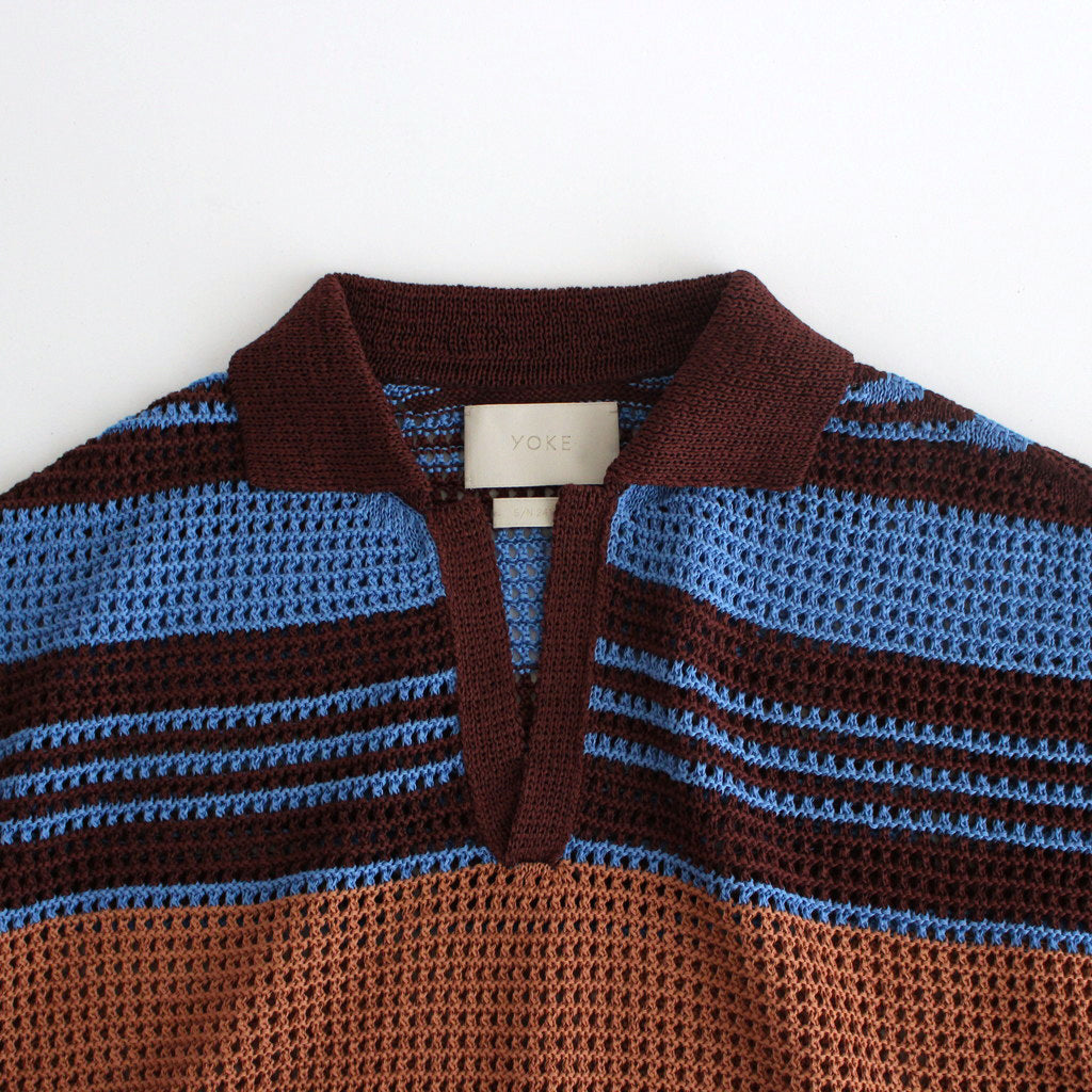 BORDER MESH KNIT SKIPPER POLO SHIRT #BROWN×BLUE [YK24SS0723S] – ciacura