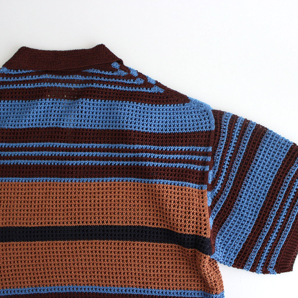 BORDER MESH KNIT SKIPPER POLO SHIRT #BROWN×BLUE [YK24SS0723S] – ciacura