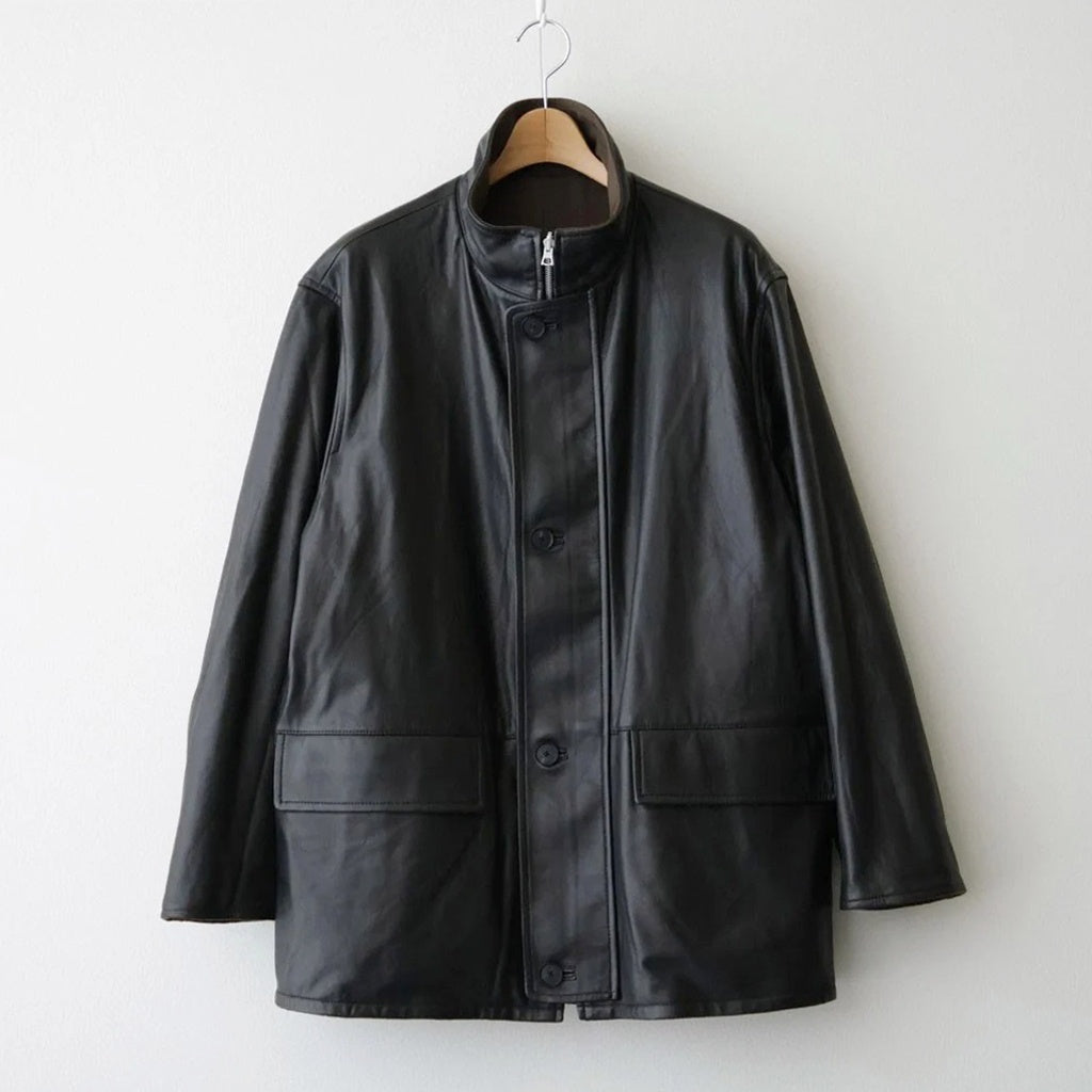 REVERSIBLE WOOL TWISTED TWILL / SHEEP LEATHER HALF COAT #BROWN CHAMBRAY × BLACK [A26AC01AN]