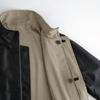 REVERSIBLE WOOL TWISTED TWILL / SHEEP LEATHER HALF COAT #KHAKI BEIGE CHAMBRAY × BLACK [A26AC01AN]