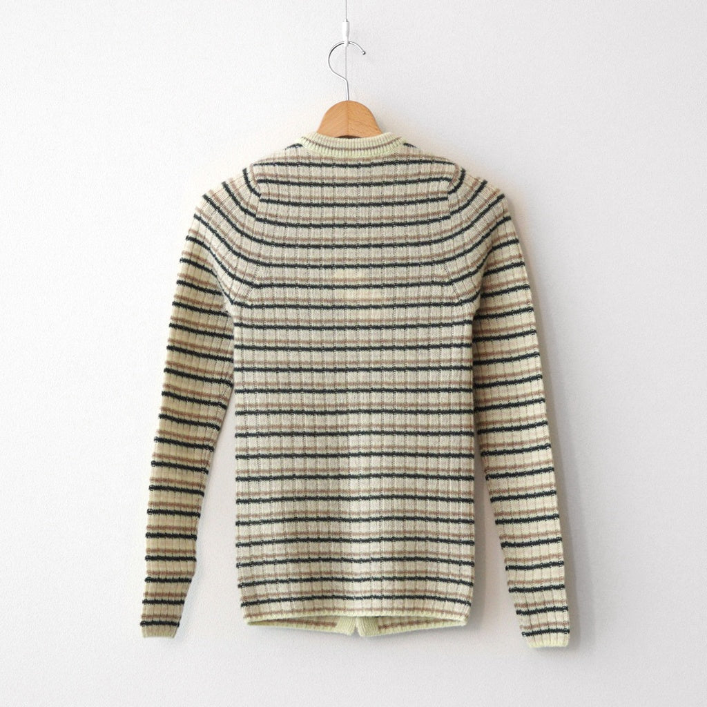 SHETLAND WOOL CASHMERE RIB KNIT CREW-NECK CARDIGAN #BEIGE STRIPE [A25AC02SB]