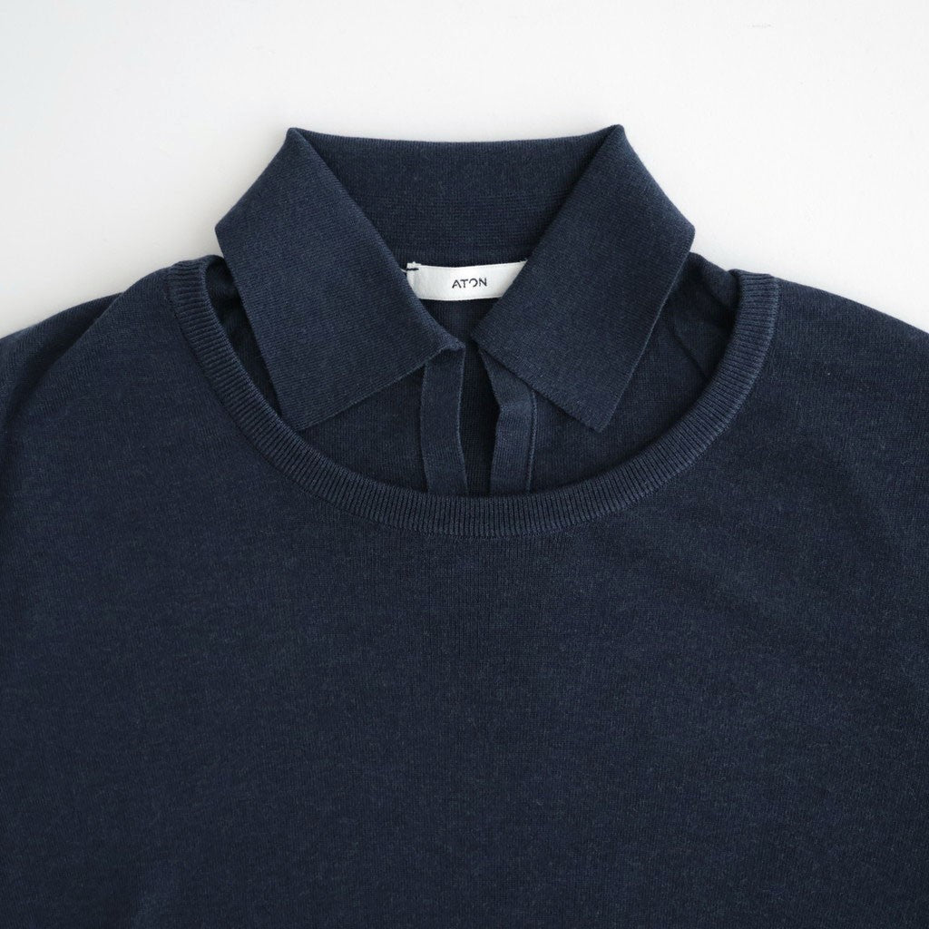 SILK BLENDED CIRCULAR RIB CREW&POLO LAYERED PULLOVER #NAVY [KRAGLA0105]