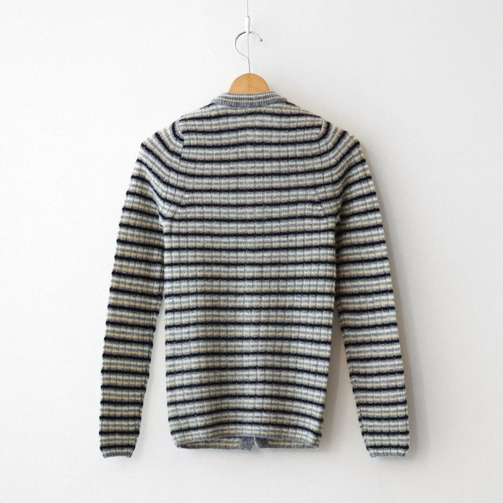 SHETLAND WOOL CASHMERE RIB KNIT CREW-NECK CARDIGAN #GRAY STRIPE