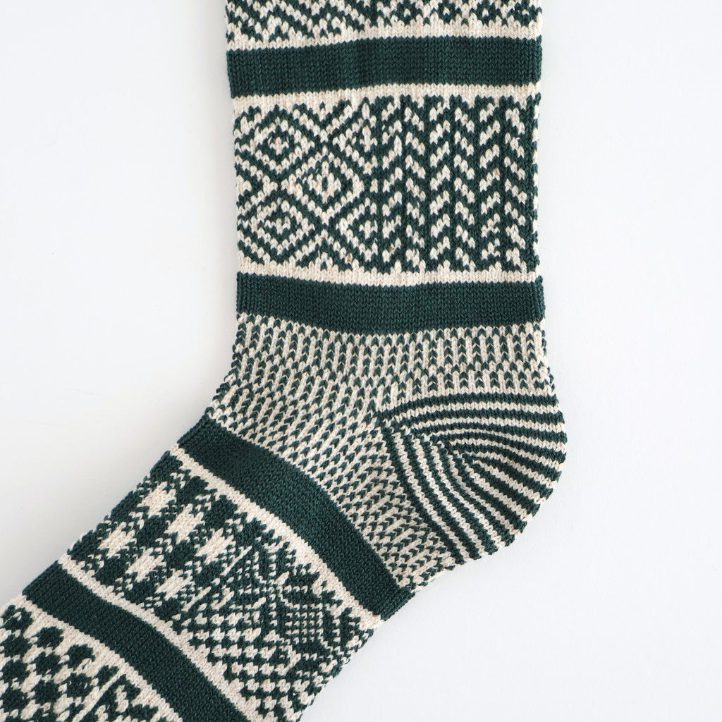 MULTI JACQUARD CREW SOCKS #IVORY/D.GREEN [R1337-AW25]