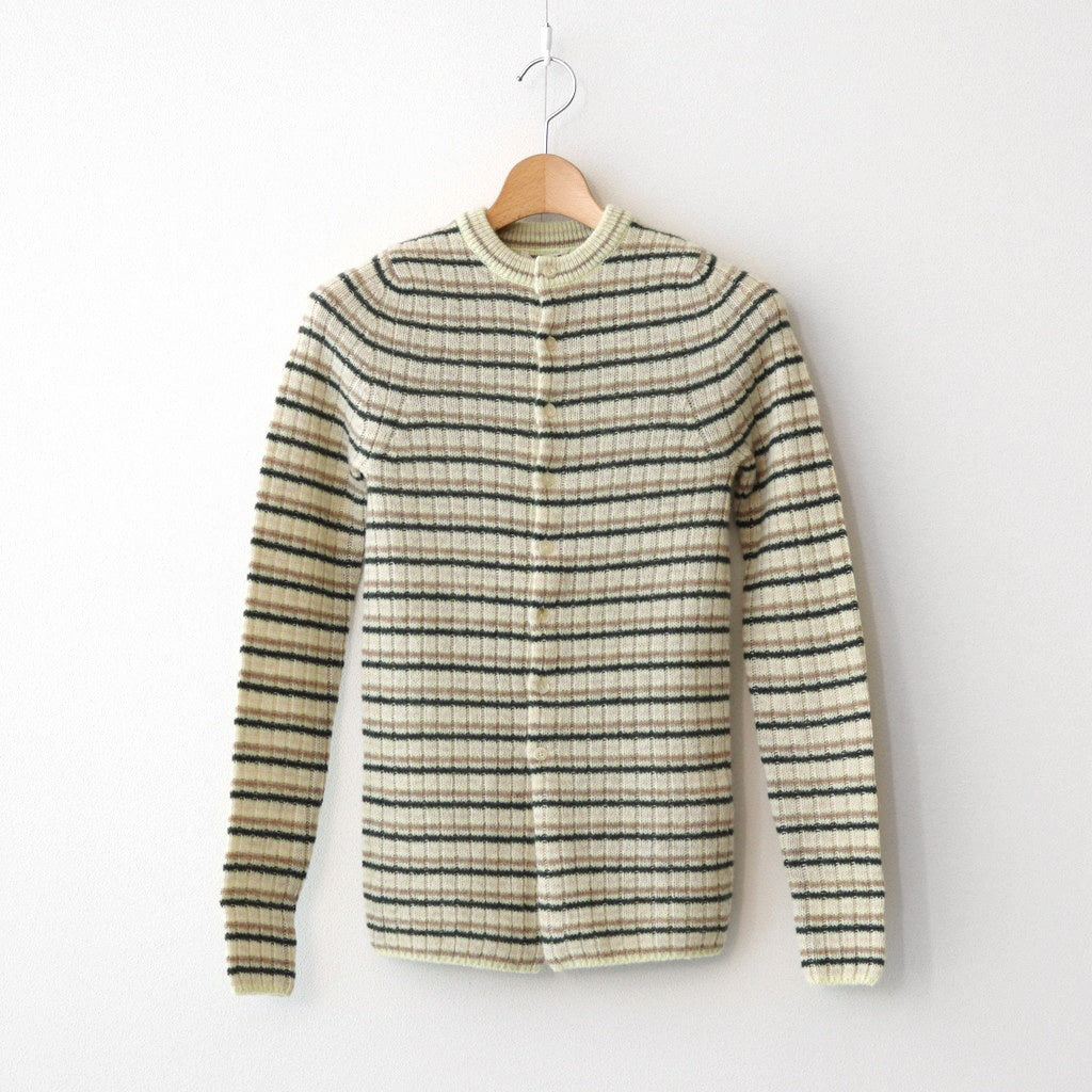 SHETLAND WOOL CASHMERE RIB KNIT CREW-NECK CARDIGAN #BEIGE STRIPE [A25AC02SB]