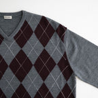 Argyle V-Neck Sweater #GREY×BORDEAUX [I26AW-K5]