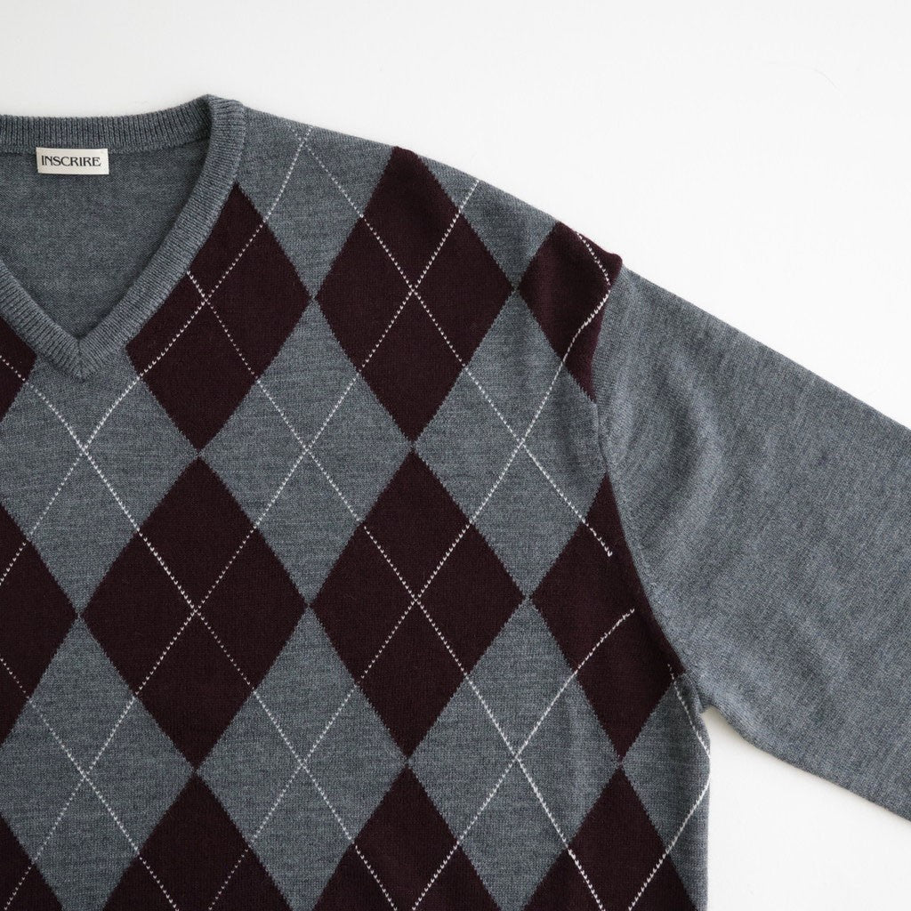 Argyle V-Neck Sweater #GREY×BORDEAUX [I26AW-K5]