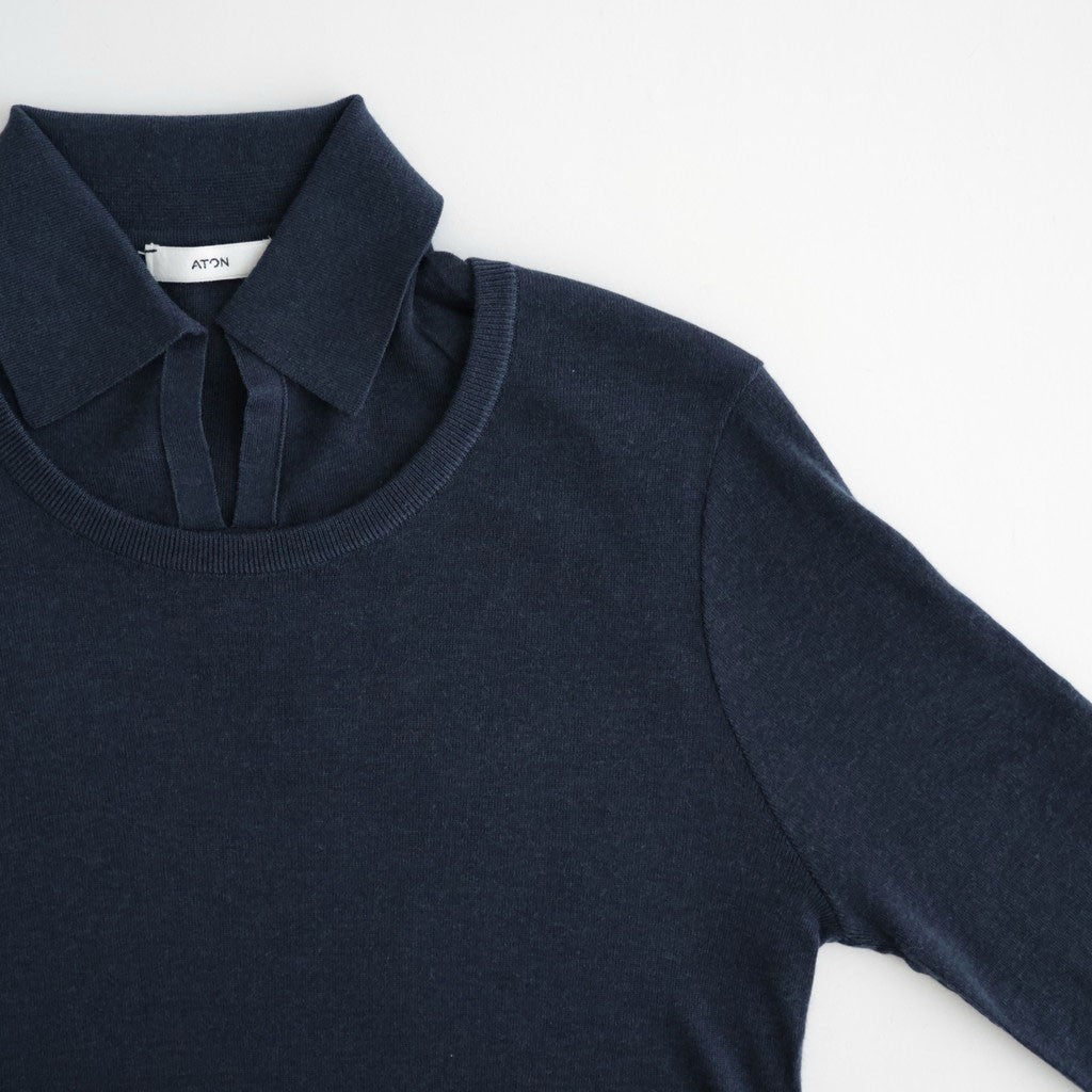SILK BLENDED CIRCULAR RIB CREW&POLO LAYERED PULLOVER #NAVY [KRAGLA0105]