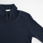 SILK BLENDED CIRCULAR RIB CREW&POLO LAYERED PULLOVER #NAVY [KRAGLA0105]