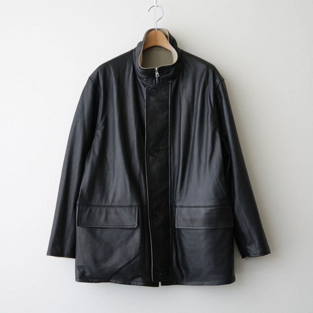REVERSIBLE WOOL TWISTED TWILL / SHEEP LEATHER HALF COAT #KHAKI BEIGE CHAMBRAY × BLACK [A26AC01AN]