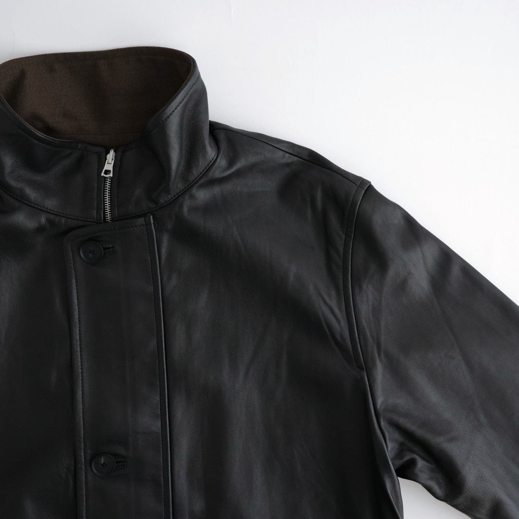 REVERSIBLE WOOL TWISTED TWILL / SHEEP LEATHER HALF COAT #BROWN CHAMBRAY × BLACK [A26AC01AN]