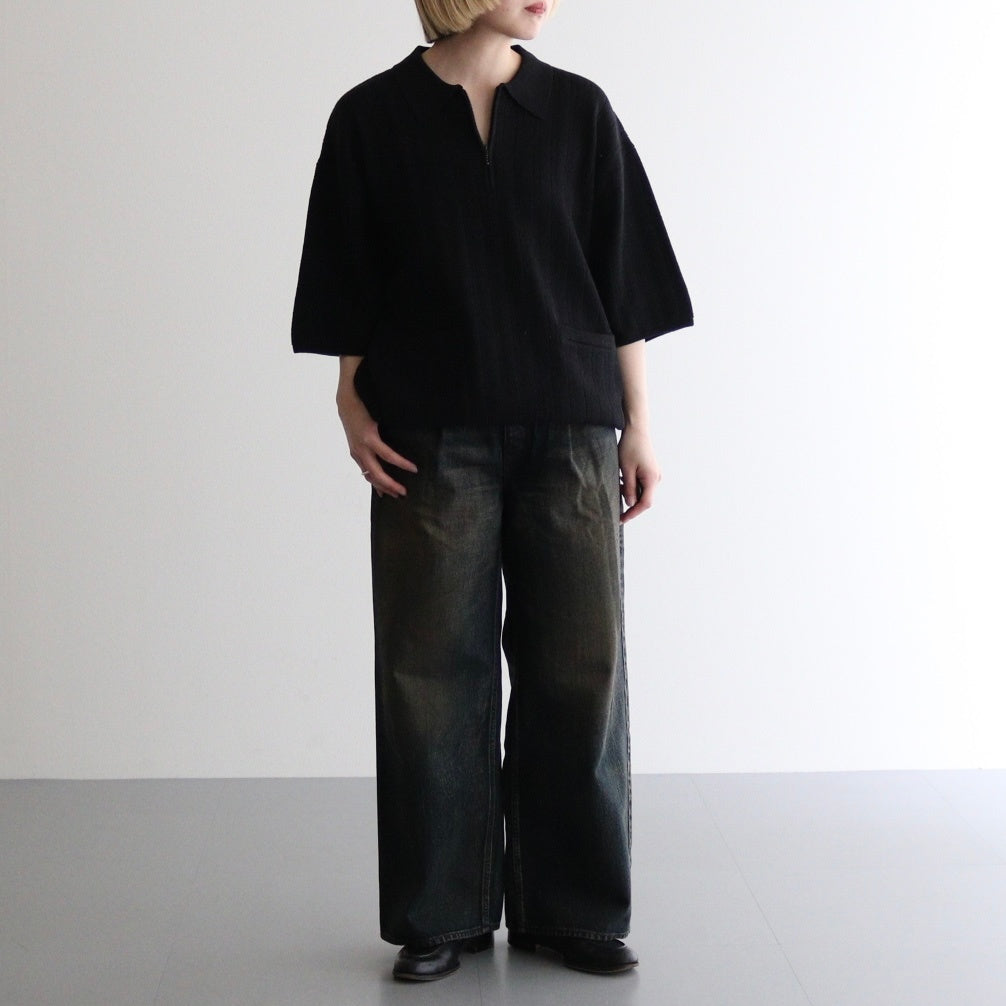 Rib Pattern Half Zip Polo #Black [2501-012]