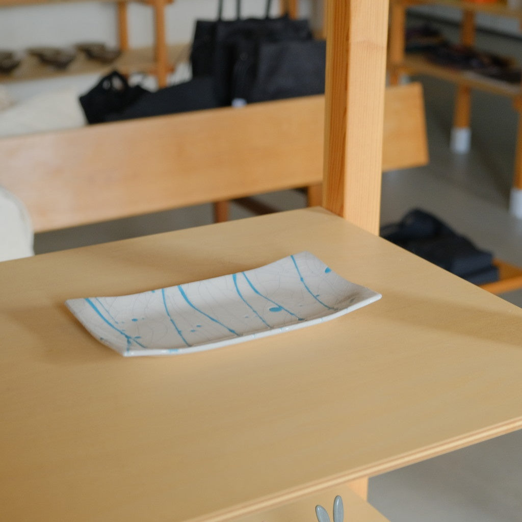 角皿 長 貫入 #ターコイズ流し