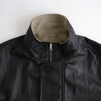 REVERSIBLE WOOL TWISTED TWILL / SHEEP LEATHER HALF COAT #KHAKI BEIGE CHAMBRAY × BLACK [A26AC01AN]