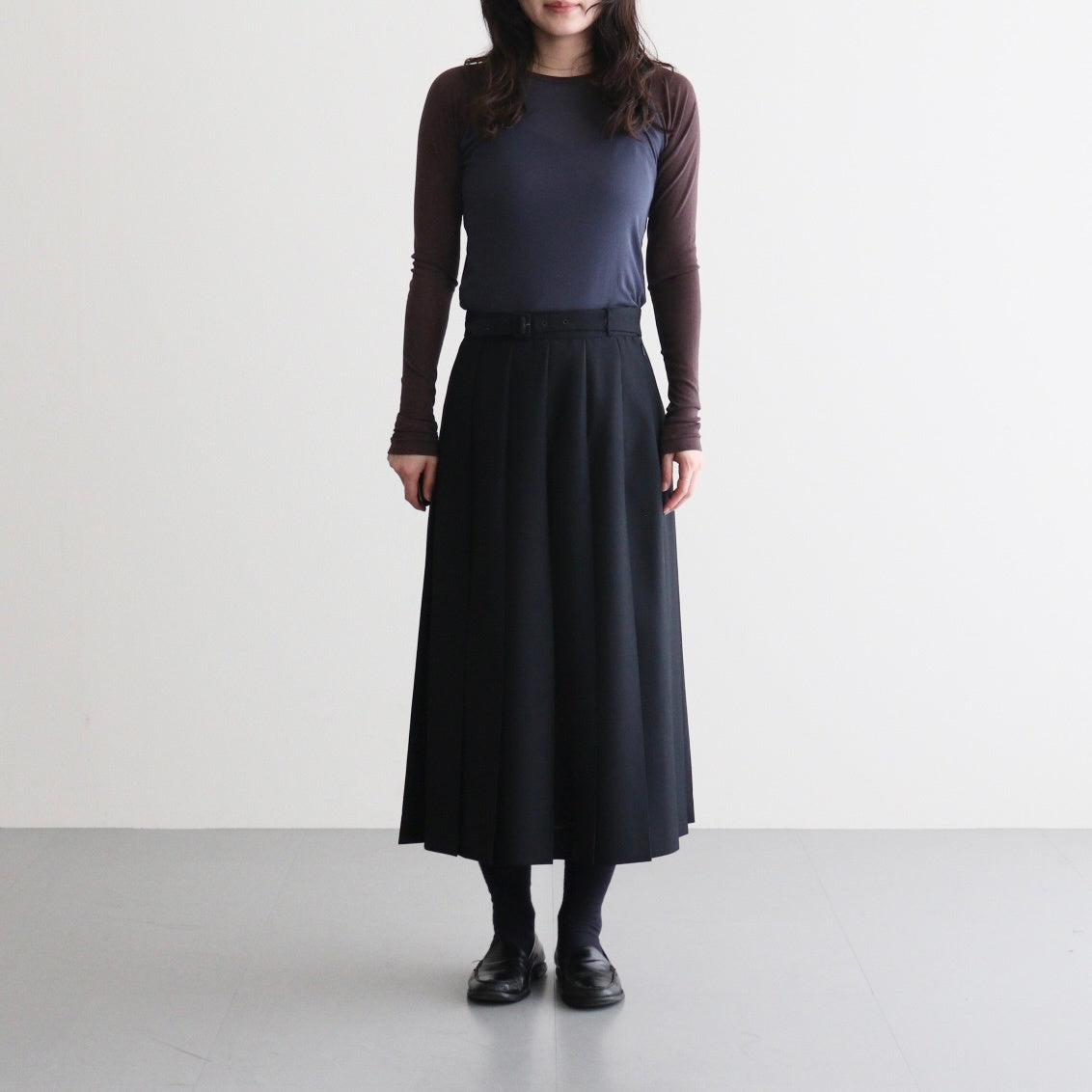 WOOL KID MOHAIR HOPSACK PLEATED SKIRT #DARK NAVY [A26SS04MH