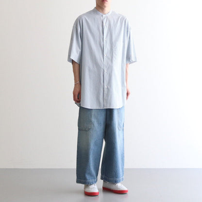 BROAD STRIPE S/S OVERSIZED BAND COLLAR SHIRT #GREEN STRIPE [GM231-50219B]