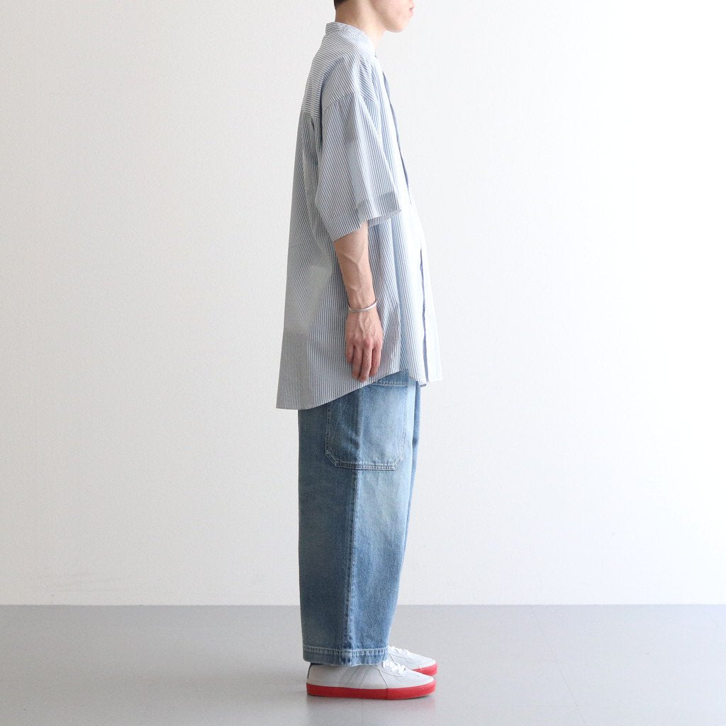 BROAD STRIPE S/S OVERSIZED BAND COLLAR SHIRT #GREEN STRIPE [GM231-50219B]